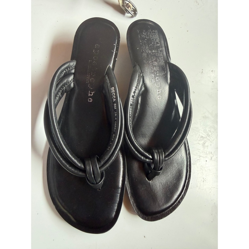 APOSTROPHE Becca Black Leather Wedge Sandals Padded Thong Slides Mens 6M Brazil